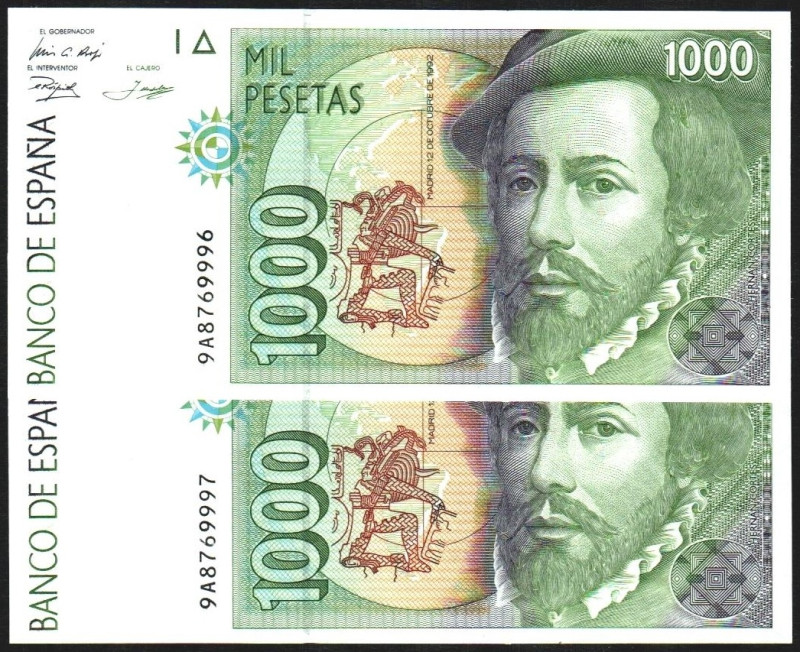 12 de octubre de 1992. 1.000 pesetas. Serie 9A. Pareja correlativa. Numeración d...