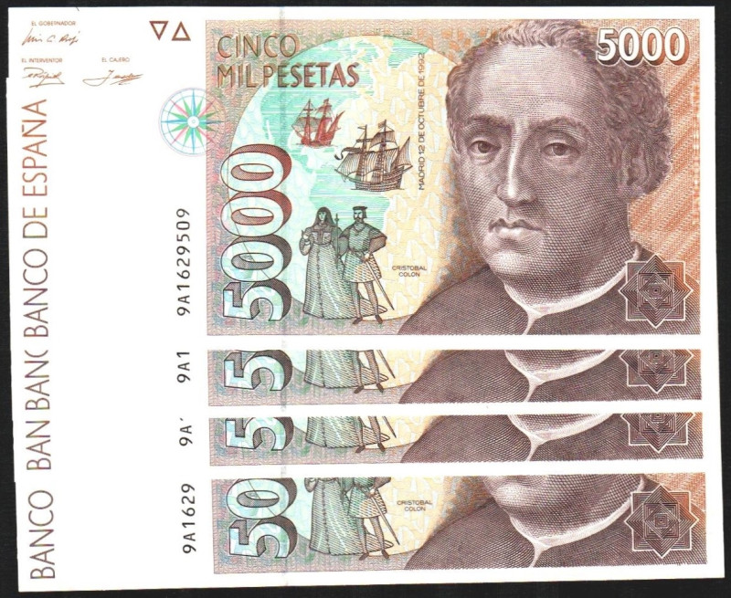 12 de octubre de 1992. 5.000 pesetas. Serie 9A. Cuarteto correlativo. E484b (num...