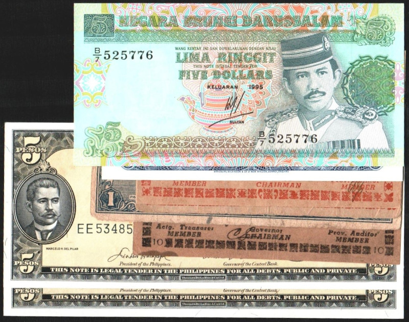 BRUNEI. 1 y 5 ringgit. 1972 y 1995. P6 (30$) y 14 (25$). FILIPINAS. 5 pesos Nd. ...