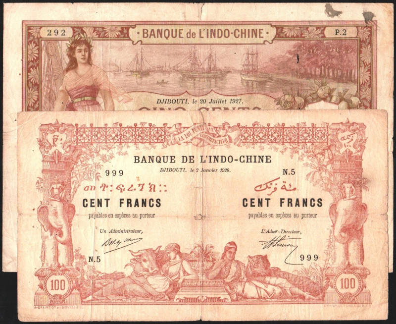 DJIBOUTI. 100 y 500 francos. 1920 y 1927. P5 (-85$) y 9 (-55$). Algunos rotitos....