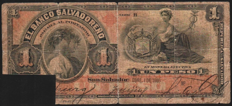 EL SALVADOR. El Banco Salvadoreño. 1 peso. Reembolsado y cancelado con el corte ...