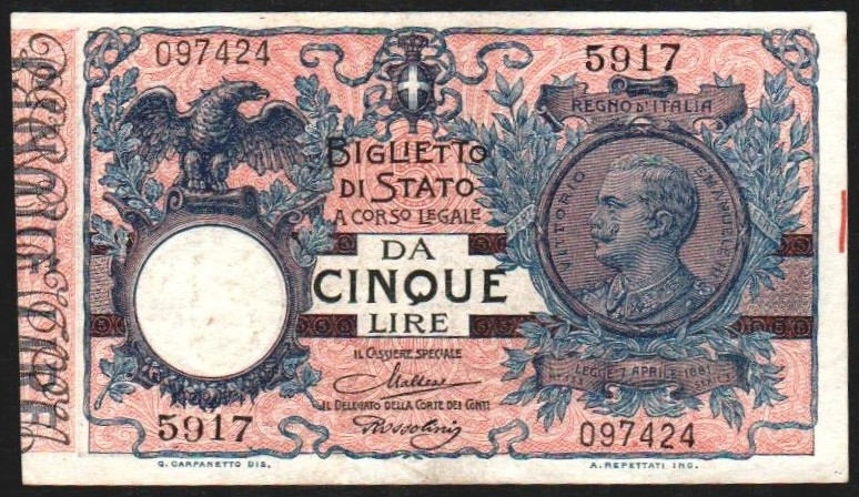 ITALIA. 5 liras. 1923. Firmas de Maltesse y Rossolini. P23e (60$). EBC