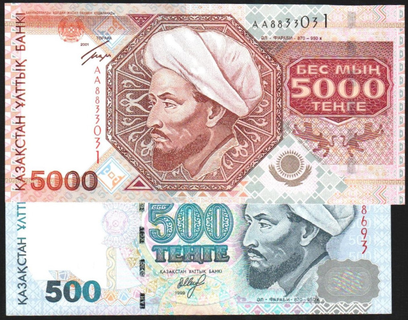 KAZAKAHSTAN. 500 y 5.000 tenge. P21 (20$) y 25 (170$). Leve marquita en el prime...