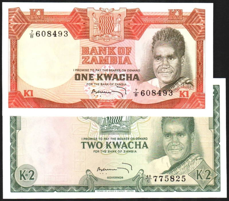 ZAMBIA. 1 y 2 kwacha. 1968 y 1973. P6 (150$) y 15 (43$). SC, apresto original. L...