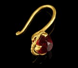Roman Gold Earring
2nd-4th century CE
Gold, Glass, 22 mm, 1,76 g
Single gold earring with modern red glass inlay. Fine granulated wire around inlay...