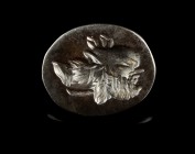 Roman Gryllos Gem/Intaglio
1st-3rd century CE
Haematite ( ?), 11,5 mm, 1,17 g
Intact gem stone engraved with a gryllos, showing a sylenus head conj...