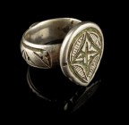 Byzantine/Ottoman Silver Ring
14th/15th century CE
Silver, 25 mm overall, 20 mm internal diameter, 17,13 g
Massive silver ring with green glass inl...