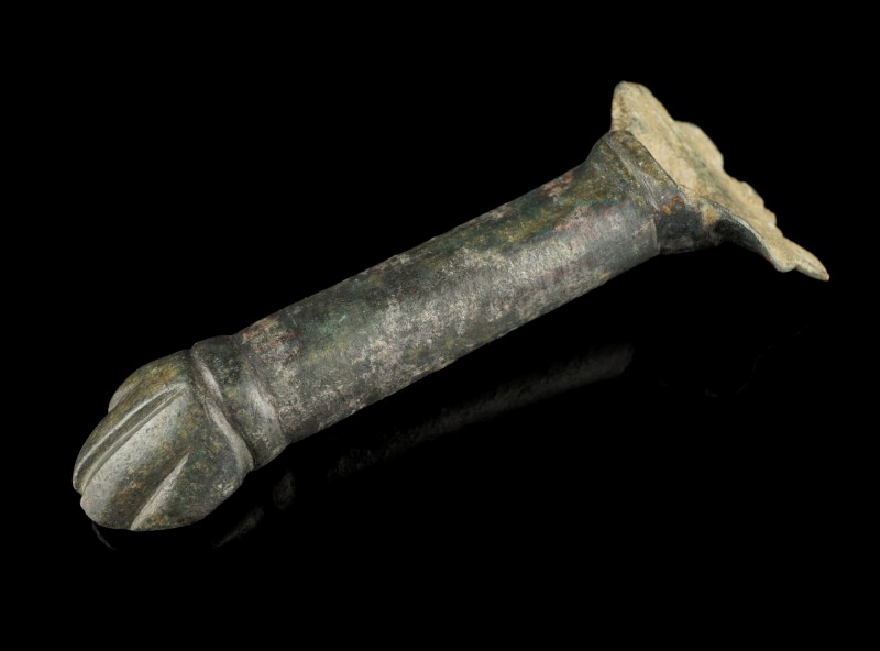 Roman Patera Handle
2nd-4th century CE
Bronze, 120 mm, 252 g
Handle in form o...