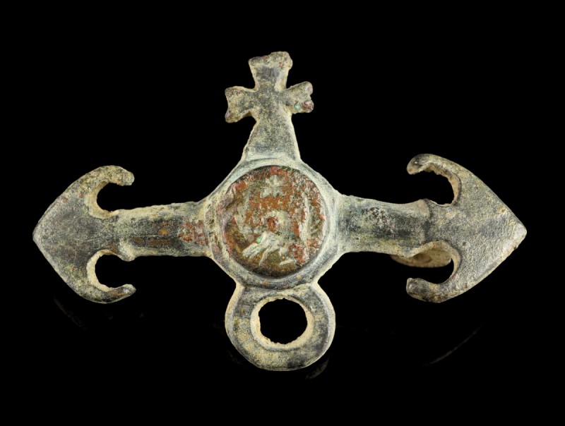 Roman Military Belt Mount
4th-5th century CE
Bronze, 56 mm, 19,85 g
Pelta-sha...