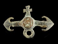 Roman Military Belt Mount
4th-5th century CE
Bronze, 56 mm, 19,85 g
Pelta-shaped sides, an engraved eagle on the centre shield, cross above, suspen...