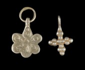 Byzantine/Slavic Silver Pendants
8th-12th century CE
Silver, 28-21 mm, 2,7-1,2 g
Lot of two silver pendants.
Very fine condition.
Ex. Coll. M.C.,...