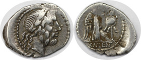 Römische Münzen, MÜNZEN DER RÖMISCHEN REPUBLIK. Cn. Cornelius Lentulus Clodianus, 88 v. Chr. Quinar, Mzst. Rom. (1,84 g) Vs.: Kopf des Jupiter mit Lor...
