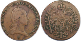 RDR – Habsburg – Österreich, RÖMISCH-DEUTSCHES REICH. Franz II. 3 Kreuzer 1800 S. Kupfer. Vorzüglich
