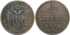 RDR – Habsburg – Österreich, RÖMISCH-DEUTSCHES REICH. Franz Joseph I. (1848-1916). 1/2 Kreuzer 1851 A, Wien. Kupfer. KM 2181. Vorzüglich