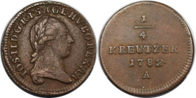 RDR – Habsburg – Österreich, RÖMISCH-DEUTSCHES REICH. Joseph II. (1765-1790). 1/4 Kreuzer 1782 A. Kupfer. Sehr schön+