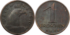 RDR – Habsburg – Österreich, REPUBLIK ÖSTERREICH. 1 Groschen 1931. Bronze. KM 2836. Vorzüglich-stempelglanz. Seltenster Jahrgang!