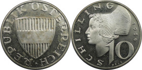 RDR – Habsburg – Österreich, REPUBLIK ÖSTERREICH. 10 Schilling 1964. 7,5 g. 0.640 Silber. 0.15 OZ. KM 2882. Polierte Platte. R