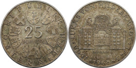 RDR – Habsburg – Österreich, REPUBLIK ÖSTERREICH. 300. Geburtstag von Lukas von Hildebrandt. 25 Schilling 1968. 13,0 g. 0.800 Silber. 0.33 OZ. KM 2903...