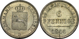 Altdeutsche Münzen und Medaillen, BRAUNSCHWEIG - CALENBERG - HANNOVER. Ernst August (1837-1851). 6 Pfennig 1844 B. KM 198.2. Fast Stempelglanz. Kl.Fle...