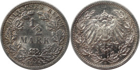 Deutsche Münzen und Medaillen ab 1871, REICHSKLEINMÜNZEN. 1/2 Mark 1915 F. Silber. Jaeger 16. Vorzüglich-stempelglanz. Berieben. Kratzer