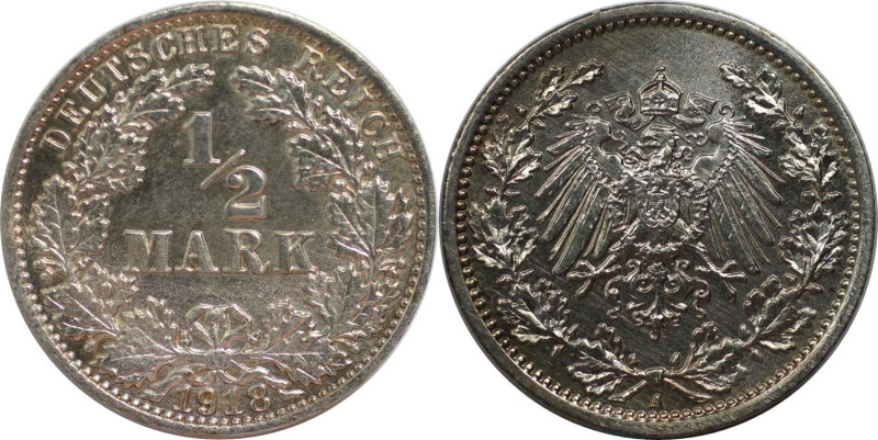 Deutsche Münzen und Medaillen ab 1871, REICHSKLEINMÜNZEN. 1/2 Mark 1918 A. Silbe...