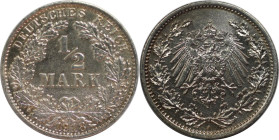 Deutsche Münzen und Medaillen ab 1871, REICHSKLEINMÜNZEN. 1/2 Mark 1918 A. Silber. Jaeger 16. Vorzüglich-stempelglanz.Berieben. Kratzer