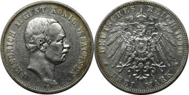 Deutsche Münzen und Medaillen ab 1871, REICHSSILBERMÜNZEN, Sachsen, Friedrich August III. (1904-1918). 3 Mark 1910 E, Silber. Sehr schön-vorzüglich. K...