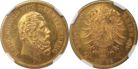 Deutsche Münzen und Medaillen ab 1871, REICHSGOLDMÜNZEN, Wurttemberg. Karl (1864-1891). 20 Mark 1873 F, Stuttgart. Gold. Jaeger 290, Fr. 3870. NGC MS ...