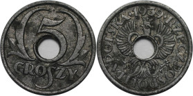 Deutsche Münzen und Medaillen ab 1871, DEUTSCHE NEBENGEBIETE. Protektorat Böhmen und Mähren. 5 Groszy 1939. Jaeger 628. Vorzüglich-Stempelglanz