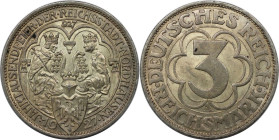 Deutsche Münzen und Medaillen ab 1871, WEIMARER REPUBLIK. 3 Reichsmark 1927 A, 1000 Jahre Nordhausen. Silber. Jaeger 327. Vorzüglich-Stempelglanz. Fle...
