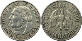 Deutsche Münzen und Medaillen ab 1871, 3. Reich 1933-1945. Martin Luther. 2 Reichmark 1933 A. Silber. Jaeger 352. Vorzüglich
