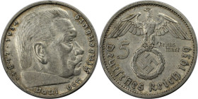 Deutsche Münzen und Medaillen ab 1871, 3. REICH 1933-1945. K.r. Paul v.Hindenburg. 5 Reichsmark 1939 D. Silber. Jaeger 367. Sehr Schön-Vorzüglich