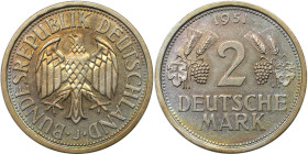 Deutsche Münzen und Medaillen ab 1945, BUNDESREPUBLIK DEUTSCHLAND. Kursmünze - Ähren und Trauben. 2 Mark 1951 J. Kupfer-Nickel. KM 111, Jaeger 386. Vo...