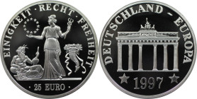 Deutsche Münzen und Medaillen ab 1945, BUNDESREPUBLIK DEUTSCHLAND. Einigkeit-Recht-Freiheit. Probe Medaille "25 Euro 1997" Brandenburger Tor. Silber. ...
