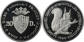 Europäische Münzen und Medaillen, Andorra. Eichhörnchen. 20 Diners 1984. 16,0 g. 0.835 Silber. 0.43 OZ. KM 23. Polierte Platte