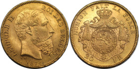 Europäische Münzen und Medaillen, Belgien / Belgium. Leopold II. (1865-1909). 20 Francs 1876, Brüssel. Gold. 6,46 g. KM 37, Fr. 412. Fast Stempelglanz...