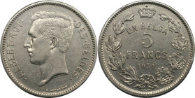 Europäische Münzen und Medaillen, Belgien / Belgium. Albert I. (1910-1934). 5 Francs 1931. Nickel. KM 97. Vorzüglich. Kratzer