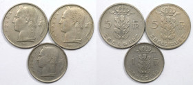 Europäische Münzen und Medaillen, Belgien / Belgium, Lots und Sammlungen. 1 Franc 1952, 5 Francs 1960, 5 Francs 1967. Lot von 3 Münzen. Kupfer-Nickel....