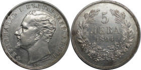 Europäische Münzen und Medaillen, Bulgarien / Bulgaria. Ferdinand I. (1887-1918). 5 Lewa 1894. Silber. KM 18. Vorzüglich