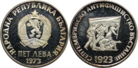 Europäische Münzen und Medaillen, Bulgarien / Bulgaria. 50. Jahrestag - antifaschistischer Aufstand. 5 Lewa 1973. 20,50 g. 0.900 Silber. 0.59 OZ. KM 8...