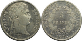 Europäische Münzen und Medaillen, Frankreich / France. Napoleon I. 5 Francs 1808 A, Silber. KM 686.1. Sehr schön+