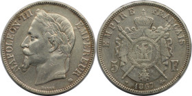 Europäische Münzen und Medaillen, Frankreich / France. Napoleon III. (1852-1870). 5 Francs 1867 BB. Silber. KM 799.2. Sehr schön-vorzüglich