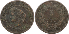 Europäische Münzen und Medaillen, Frankreich / France. Dritte Republik (1870-1940). 5 Centimes 1872 A. Bronze. KM 821.1. Vorzüglich+