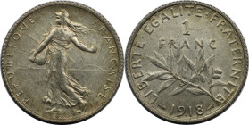 Europäische Münzen und Medaillen, Frankreich / France. Dritte Republik (1870-1940). 1 Franc 1918. Silber. KM 844.1. Vorzüglich+