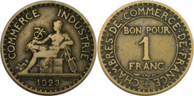 Europäische Münzen und Medaillen, Frankreich / France. 1 Franc 1923. Aluminium-Bronze. KM 876. Schön-sehr schön