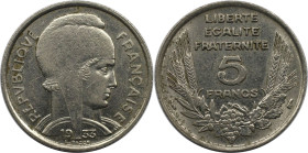 Europäische Münzen und Medaillen, Frankreich / France. Dritte Republik (1870-1940). 5 Francs 1933. Nickel. KM 887. Vorzüglich