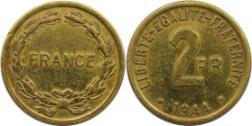 Europäische Münzen und Medaillen, Frankreich / France. 2 Francs 1944, Aluminium-Bronze. KM 905. Fast Vorzüglich