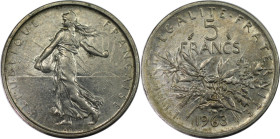 Europäische Münzen und Medaillen, Frankreich / France. 5 Francs 1963. 12,0 g. 0.835 Silber. 0.32 OZ. KM 926. Vorzüglich-stempelglanz