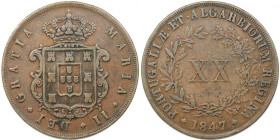 Europäische Münzen und Medaillen, Portugal. Maria II. 20 Reis 1847. Kupfer. KM 482. Sehr schön