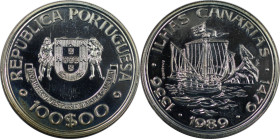 Europäische Münzen und Medaillen, Portugal. Entdeckung der Kanarischen Inseln. 100 Escudos 1989. 21,0 g. 0.925 Silber. 0.62 OZ. KM 646a. Polierte Plat...